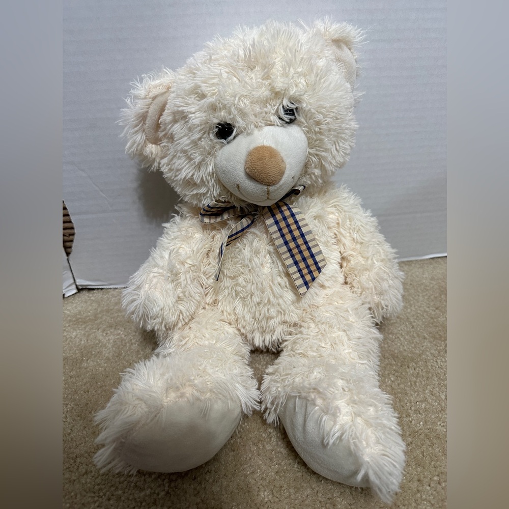 Homerbest Plush Cream Teddy Bear With Blue Plaid Bow Stuffed Animal Toy 16"